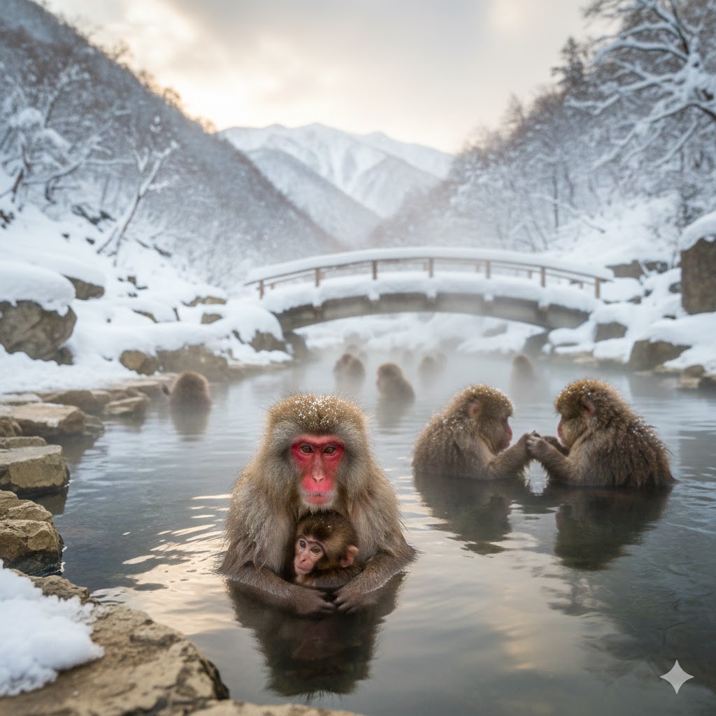 Monkeys bathing in an onsen, Jigokudani, Nagano