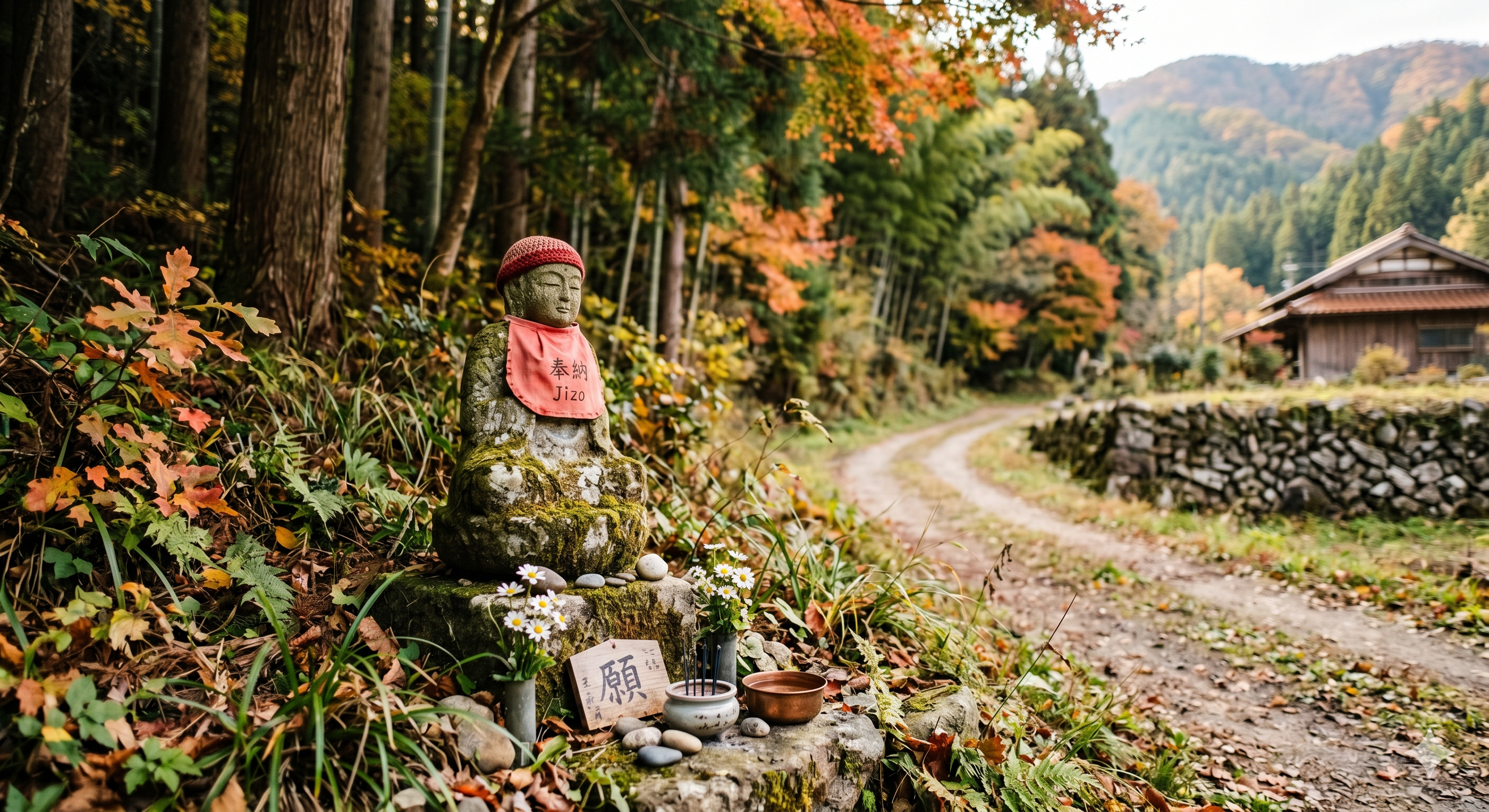 Jizo statue in a Japanese forest in autumn